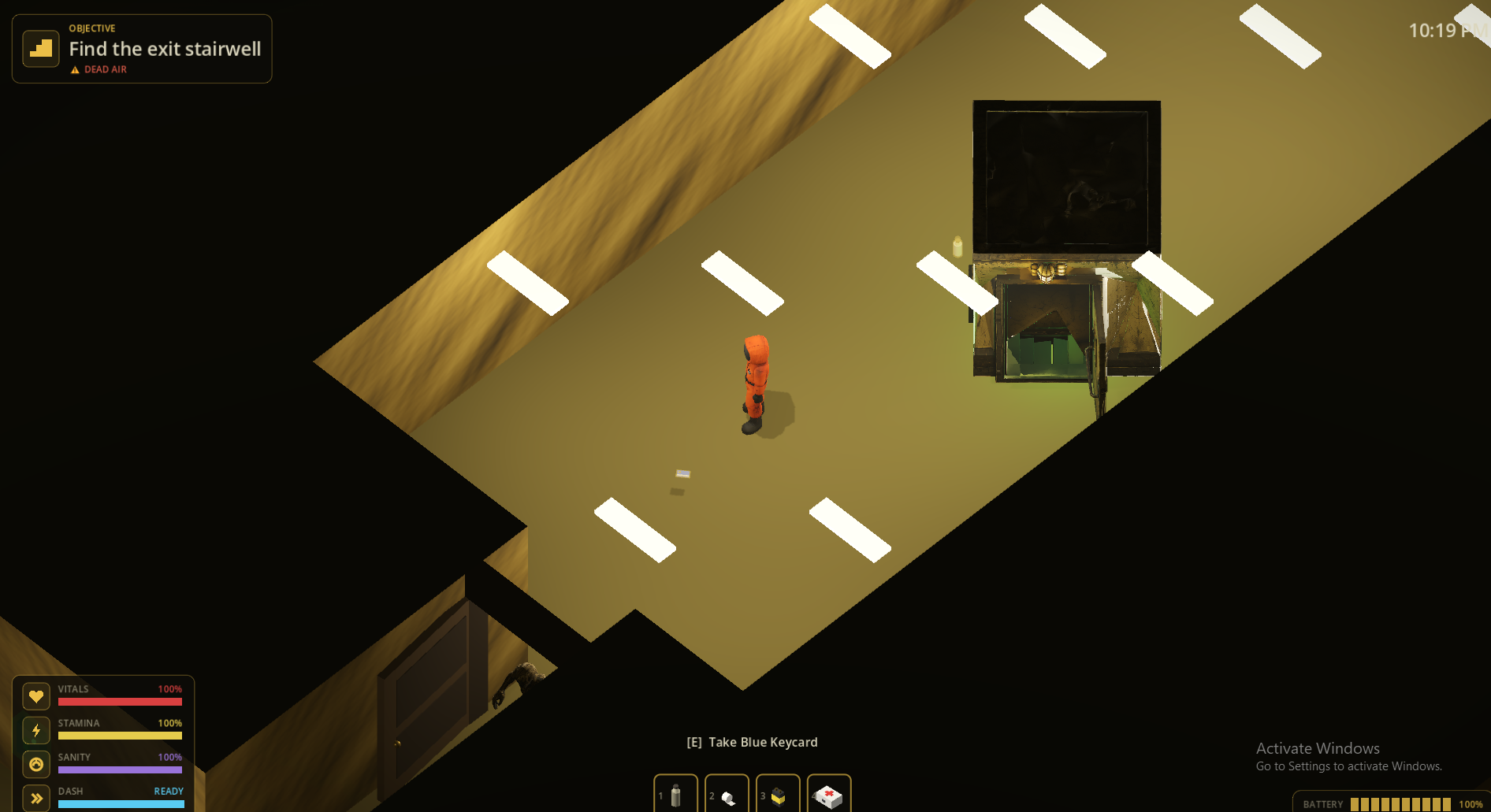 Player approaching a powered stairwell
